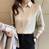 Gwmlk Spring Satin Women's Shirts Fashion Silk Button Solid OL Elegant Ladies Tops Long Sleeve Blouse Basic Women Shirts Blouses