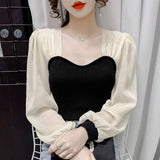 Gwmlk Fashion Patchwork Knitted Blouses Women Korean Chic See Through Sleeve Shirts Female Elegant Slim Streetwear Blouse Top