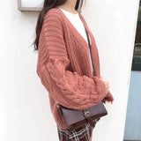 Gwmlk Vintage Brown Knitted Cardigans for Women Korean Loose Long Sleeve Crochet Sweater Top Woman Casual Solid Lazy Sweaters