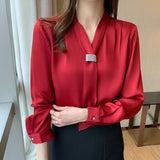 Gwmlk Women Shirts Chiffon Blouses for Women Long Sleeve Shirts Tops Woman Ribbon Blouse Tops Fashion Woman Bow Tie Shirt XXL