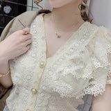 Gwmlk Lace Ruffle Stitching Blouse Women V-neck 2023 Summer New Short Sleeve Tops Crochet Mesh New Chiffon Shirt Blusas 14174