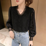 Gwmlk 4XL New Lace Blouse Women Korean Hollow Out V Neck Long Sleeve Shirt Ladies Spring Crochet Lace Solid Tops Blusa 13356