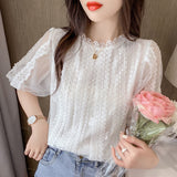 Gwmlk Summer Women Tops New Stand Collar Casual Beautiful Shirts Sweet White Lace Blouse Short Lantern Sleeve Shirt Clothes 14414