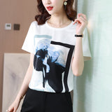 Gwmlk Fashion Women Shirt Silk Blouses for Woman Short Sleeve Shirts Tops Woman White Print Pullover Summer OL Blouse Tops Shirts