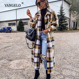 Gwmlk Harajuku Plaid Long Coat Women 2023 Autumn Winter Lapel Retro Red Gray Jacket Female Loose Long Sleeve Warm Quilted Coat