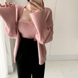 Gwmlk Pieces Sets Women Knitted Cardigan 2023 New Long Sleeve Knitwear Coat + Slim Basic One Word Collar Vest Autumn Sweater Suits