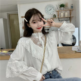 Gwmlk Korean Lace Up Ruffled Blouses Women Autumn Sweet Loose Clothes Stand Collat Ladies Tops Vintage Lace Shirts Women 11335