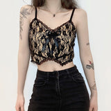 gwmlk Aesthetic Lace Crop Tops Women Back Zip Up Dark Academia E Girl Clothes Double Layer V Neck Sexy Cami Top 2023