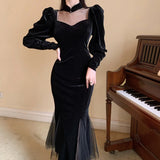 Gwmlk Mesh Velvet Black Long Dress Women Vintage Gothic Slim Party Dresses Female Winter Sexy Split Hollow Christmas Dress New