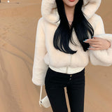 Gwmlk Quality Furry Cropped Faux Fur Coats and Jackets Women Fluffy Top Coat with Hooded Winter Fur Jacket manteau femme