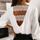 Gwmlk Back V-shaped Hollow Lace Stitching Pullover White Blouse Fashion Sexy V-neck Autumn and Winter Long-sleeved Shirt 12460