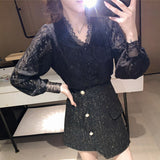 Gwmlk 4XL New Lace Blouse Women Korean Hollow Out V Neck Long Sleeve Shirt Ladies Spring Crochet Lace Solid Tops Blusa 13356