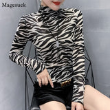 Gwmlk Turtleneck Women Cool Streetwear Women Blouse Zebra Stripe Slim Women Shirts New Fashion Long Sleeve Shirt Blouses 11369