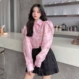 Gwmlk Floral Puff Sleeve Women Shirt Causal Turn-down Collar Short Blouses Spring Korean Elegant Blusas Femme 2023 New