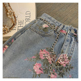 Gwmlk Vintage Flowers Print Long Denim Skirts Summer 2023 High Waist Slim Sexy Open Split Straight Skirt Jeans Saias Female