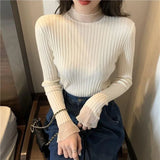 Gwmlk Sweater Women 2023 Spring New Elastic Tops Flare Sleeve Solid Knitted Pullover Woman Casual Slim Fit Bottoming Jumpers