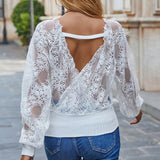 Gwmlk Backless Women Lace Blouse V Neck Long Sleeve Lace Stitching Shirts Sweet Spring Elegant White Woman Blouses Top 18474