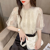 Gwmlk Summer Women Tops New Stand Collar Casual Beautiful Shirts Sweet White Lace Blouse Short Lantern Sleeve Shirt Clothes 14414