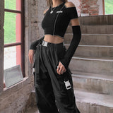 gwmlk Black T-shirts Gothic One Shoulder Sleeve Crop Tops Ruffles Hem Hip Hop Techwear Women Tees