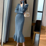 Gwmlk Elegant Mermaid Sweater Long Dress Women Vintage V-neck Knitted Warm Y2K Dress Korean Casual Chic Dress for New Year 2023