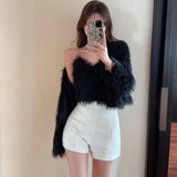 Gwmlk Korean Sets Autumn Cardigan V Neck Long Sleeve Pink Mohair Sweater Coat Sexy Bottom Camisole Tops