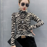 Gwmlk Turtleneck Women Cool Streetwear Women Blouse Zebra Stripe Slim Women Shirts New Fashion Long Sleeve Shirt Blouses 11369