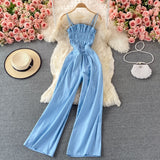 gwmlk Women Denim Romper Sexy Strapless Draped High Waist Jumpsuits Female Black/Blue Wide Leg Spaghetti Strap Rompers Fashion