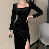 Gwmlk Velvet Long Dress Women Elegant Vintage Square Collar Long Sleeve Dress Korean Sexy Casual Evening Party Dress 2023 Autumn