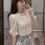 Gwmlk Blouse Women Korean Hollow Out Lace White Women Shirt 2023 New Short Sleeve Button Loose Shirts Solid Female Tops 13607