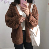 Gwmlk Vintage Brown Knitted Cardigans for Women Korean Loose Long Sleeve Crochet Sweater Top Woman Casual Solid Lazy Sweaters