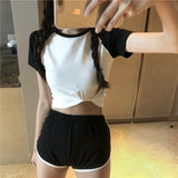 Gwmlk Piece Summer T-Shirt Women Short Sleeve Sport Tops Tee and High Waist Casual Shorts Black White 2023 Women's Sets