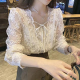 Gwmlk Lace Chiffon Blouse Women Sweet Puff Long Sleeve Lace-up Women's Shirt French Square Collar Flower Loose Top Blusas 17442