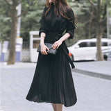 Gwmlk Spring Slim Waist Tie Ladies Pleated Single-breasted Dress Korean Style Chiffon Long Sleeve Pleated Dress for Women 12537