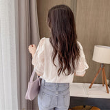 Gwmlk Summer Women Tops New Stand Collar Casual Beautiful Shirts Sweet White Lace Blouse Short Lantern Sleeve Shirt Clothes 14414