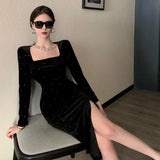 Gwmlk Velvet Long Dress Women Elegant Vintage Square Collar Long Sleeve Dress Korean Sexy Casual Evening Party Dress 2023 Autumn