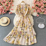 gwmlk Bohemian Floral Long Dress For Women Sexy V-Neck Short Sleeve High Waist A-Line Big Swing Vestido Casual Blue Robe 2023