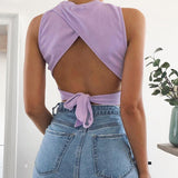 gwmlk backless women tank top bandage slim crop top summer 2023 casual streetwear tops solid cotton soft criss cross top