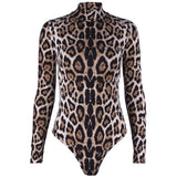 gwmlk Leopard Printed Bodycon Bodysuits Spring Women Long Sleeve Mock Neck Skinny Body Suit Shorts Jumpsuits