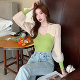 Gwmlk Fashion Patchwork Knitted Blouses Women Korean Chic See Through Sleeve Shirts Female Elegant Slim Streetwear Blouse Top