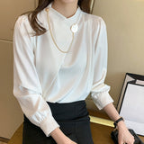 Gwmlk Women's Shirts Solid Satin Blouses for Women Chain Asymmetric Blouse Women Long Sleeve Top White O-neck Female 2023 Basic Shirt