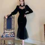 Gwmlk Mesh Velvet Black Long Dress Women Vintage Gothic Slim Party Dresses Female Winter Sexy Split Hollow Christmas Dress New