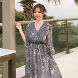 Gwmlk Vestidos V-neck Flare Short Sleeve Women Dress Summer Vintage Midi Long Dresses Print Sweet Casual Chiffon Dress 10451