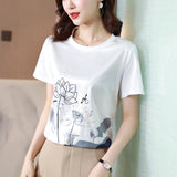 Gwmlk Fashion Women Shirt Silk Blouses for Woman Short Sleeve Shirts Tops Woman White Print Pullover Summer OL Blouse Tops Shirts