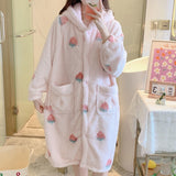 Gwmlk Flannel Robe Women Cute Kimono Bathrobe Gown Hooded Sleepwear 2023 New Coral Fleece Nightwear Print Strawberry Loungewear