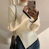 Gwmlk Solid Color Turtleneck Sweater Woman Winter 2023 Ribbed Slim Fit Side Knitwear Women Soft Knitted Sweaters Pullover