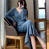 Gwmlk Elegant Mermaid Sweater Long Dress Women Vintage V-neck Knitted Warm Y2K Dress Korean Casual Chic Dress for New Year 2023