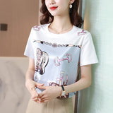 Gwmlk Fashion Women Shirt Silk Blouses for Woman Short Sleeve Shirts Tops Woman White Print Pullover Summer OL Blouse Tops Shirts