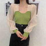 Gwmlk Fashion Patchwork Knitted Blouses Women Korean Chic See Through Sleeve Shirts Female Elegant Slim Streetwear Blouse Top