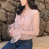 Gwmlk Gauze Bow Beading Pink White Blouse 2023 Summer Women Solid Chiffon Shirt Female Blouses Top Office Shirts Blusas 4323 50