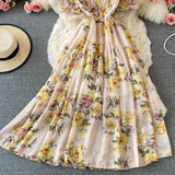 gwmlk Bohemian Floral Long Dress For Women Sexy V-Neck Short Sleeve High Waist A-Line Big Swing Vestido Casual Blue Robe 2023